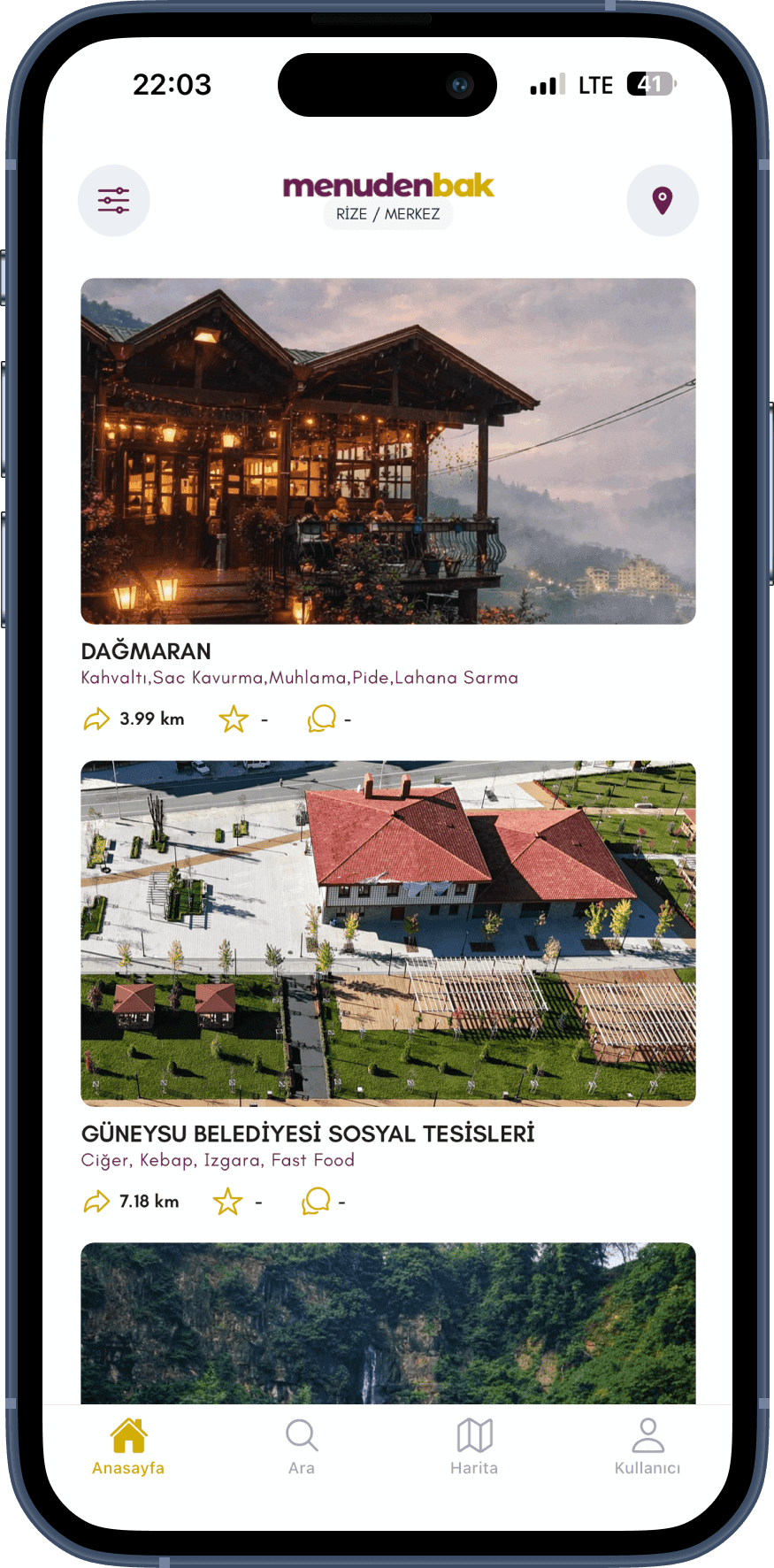 Menudenbak uygulamasında gerçek restoran keşif listesi