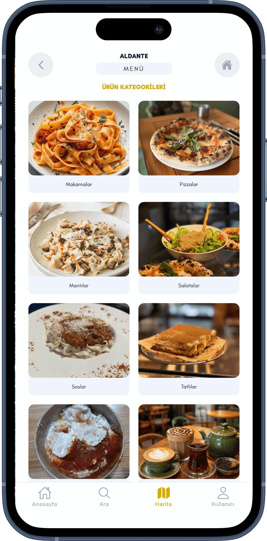 QR menüde kategori ve ürün listesi ekranı